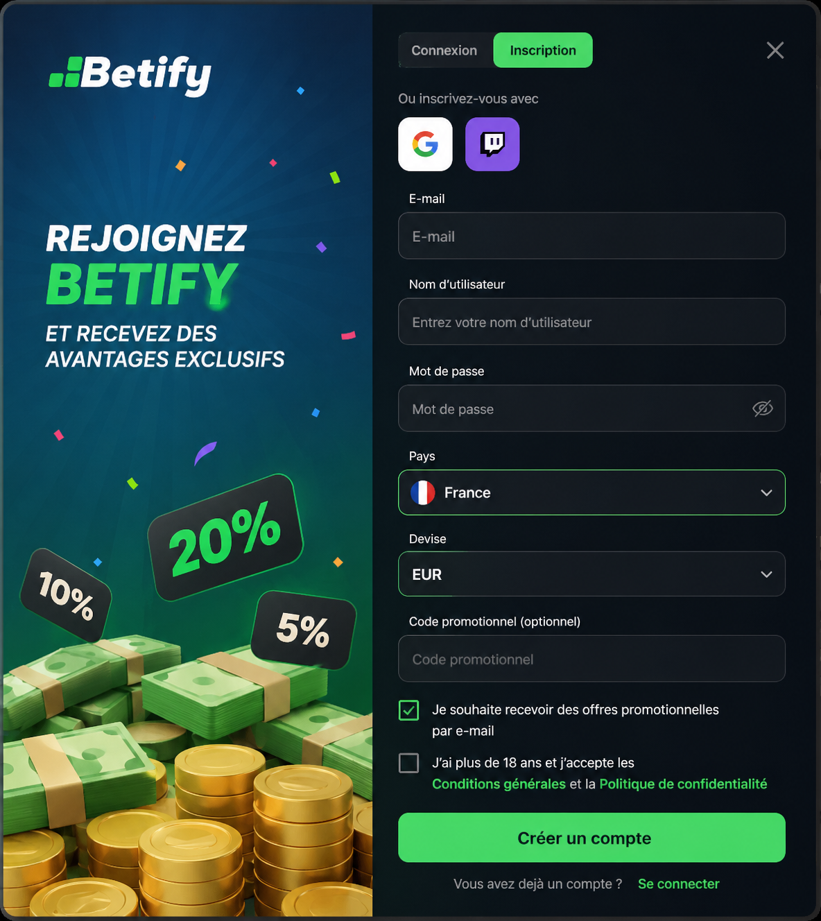 Formulaire d’inscription Betify en France