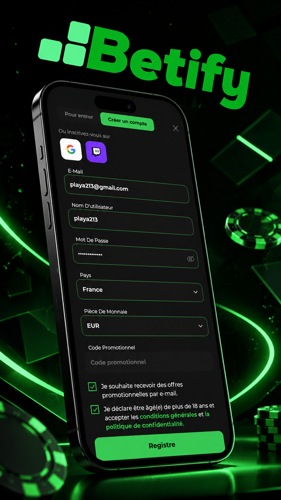 Inscription Betify sur mobile en France